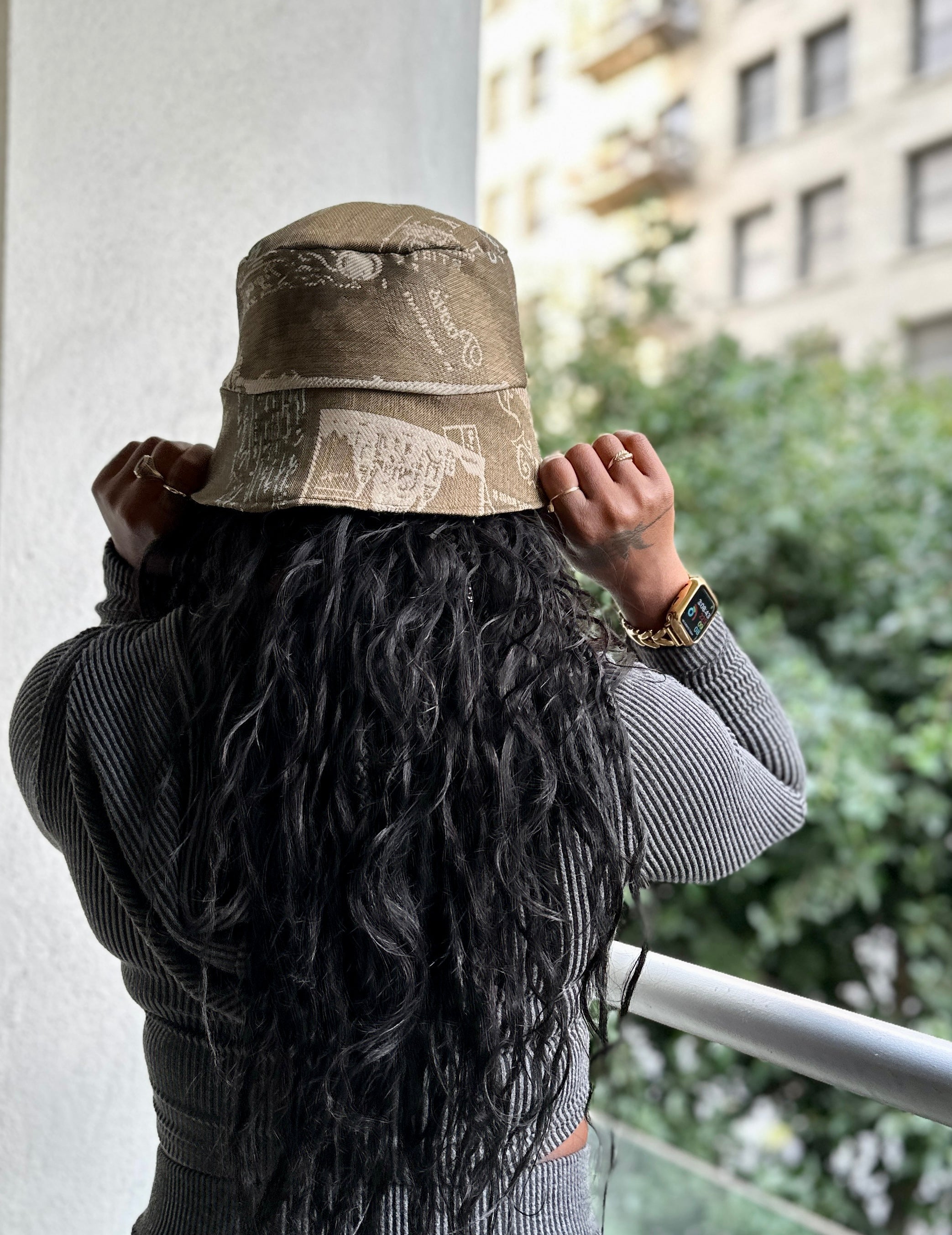 The Rue Bucket Hat – Embroidered Postcard Print in Light Blue, Olive & Tan